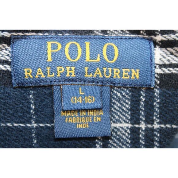 Polo Ralph Lauren Boy's Button Up Shirt  Plaid  Large 14-16 Medium Weight Blue - Picture 8 of 9